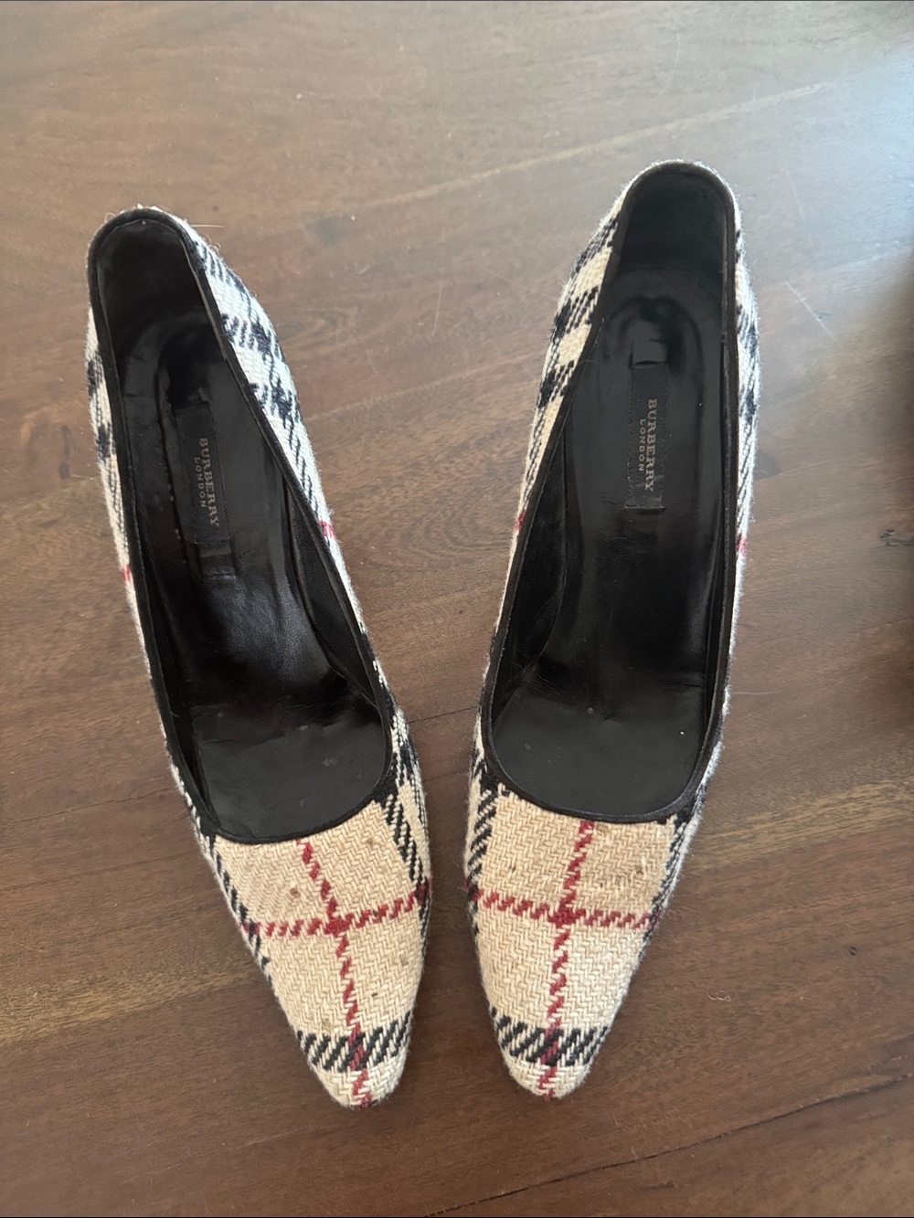 Burberry Plaid Pointed Toe Heels in Beige, Black & Red